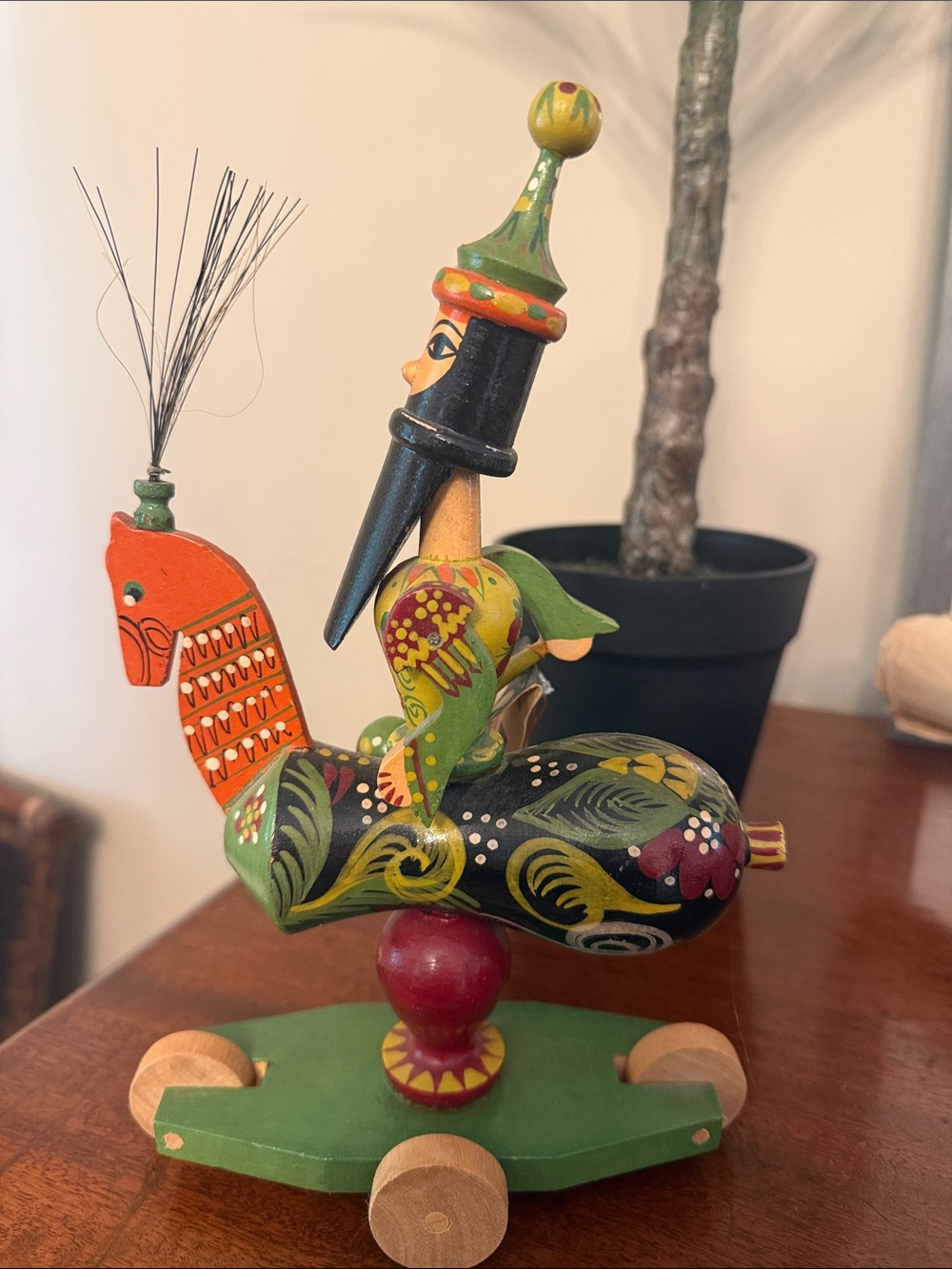 Hand-Painted Wooden Folk Art Rider in Black & Green